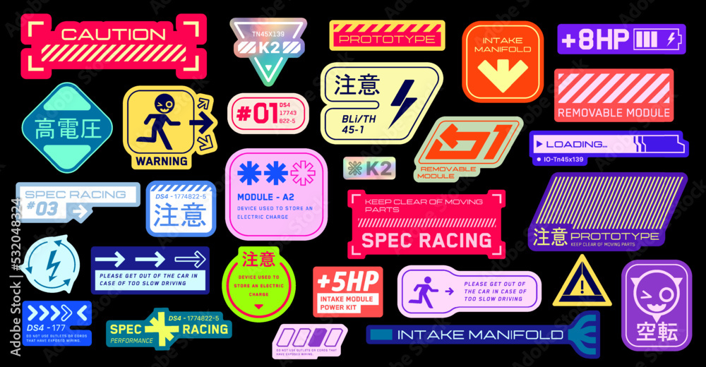 Cyberpunk decals set. Set of vector stickers and labels in futuristic style. Inscriptions and symbols, Japanese hieroglyphs for danger, attention, AI controlled, high voltage, warning, spec racing. - obrazy, fototapety, plakaty 