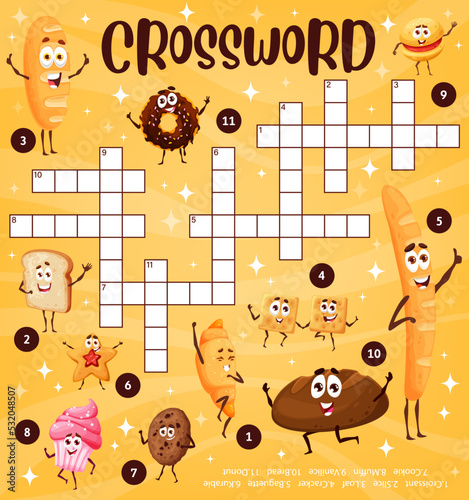 Cartoon bakery and dessert characters, crossword puzzle game vector grid. Find a word kids education worksheet with funny sweets, bakery bread and croissant with cupcake, chocolate donut and cookies