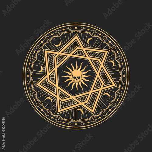 Occult and esoteric pentagram, magical tarot talisman, golden mason symbol with skull, sun and moon. Vector mystic symbol of alchemy and esoteric
