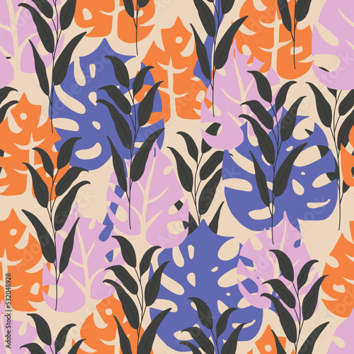 Seamless floral pattern with monstera leaves. Print for textile, wallpaper, covers, surface. For fashion fabric. Retro stylization.