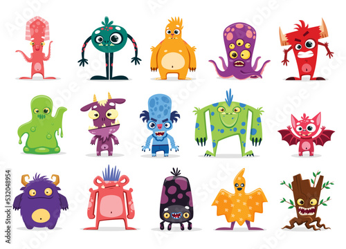 Cartoon monster characters of vector cute aliens, Halloween beasts, animal, space and ghost creatures with angry and happy faces, crazy smiles and ugly teeth. Funny toys of goblins, trolls, gremlins
