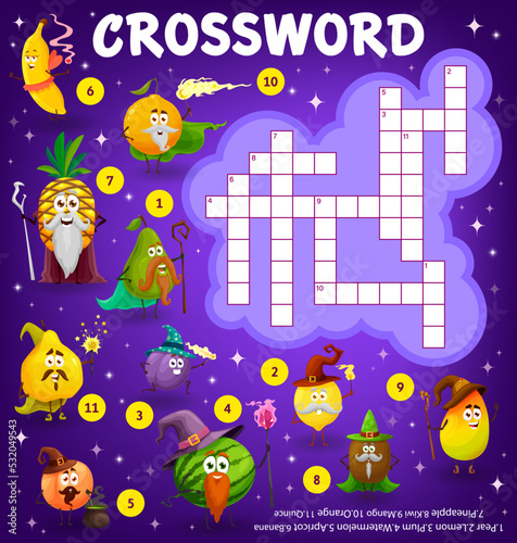 Crossword education quiz worksheet with cartoon fruits wizards and sorcerer, vector puzzle game grid. Kids crossword game riddle magician characters of pineapple, banana and watermelon with magic wand