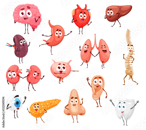 Cartoon human body internal organs characters, cute anatomy vector design. Funny heart, stomach, brain and liver, kidney, pancreas, lungs and bladder, spleen, tooth, eyeball, spinal column and eyeball