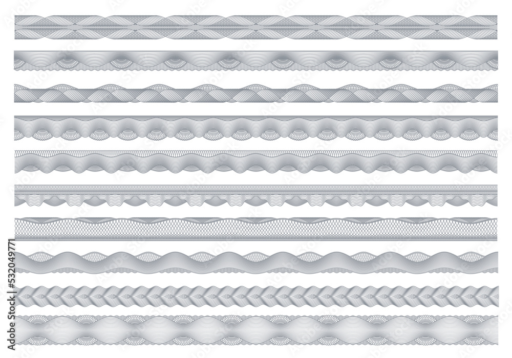 Guilloche borders, bank money, diploma and certificate security frame border pattern. Vector decoration elements, banknote security watermarks, seamless bordering for official document protection
