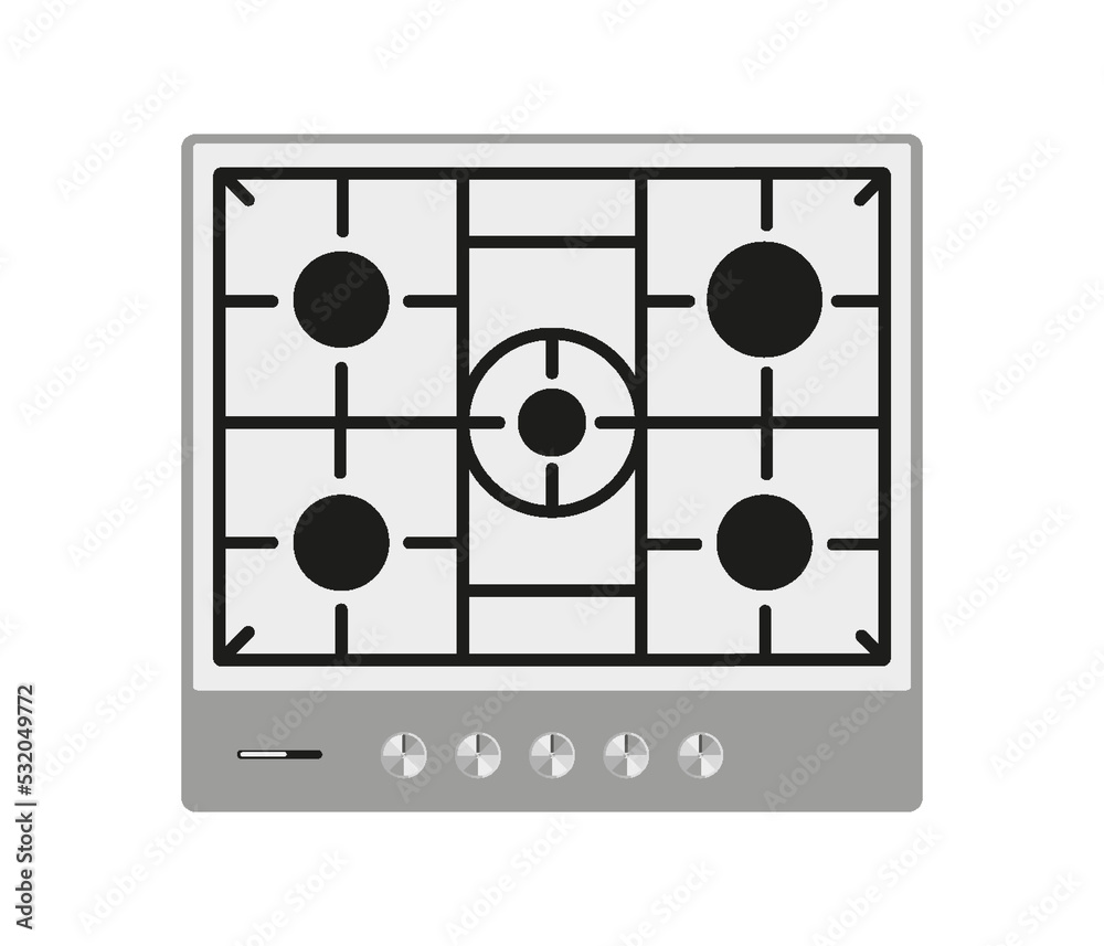 Gas stove surface metal partition 5 burners white flat. Cooktop cooking stainless steel hob electric household equipment large professional surface black grate top view Isolated