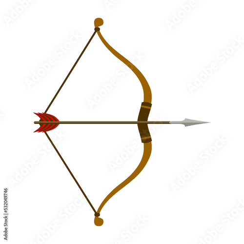 Wooden hunting bow arrow sharp flat set. Hunting military equipment aiming shot military equipment old medieval weapons feather longbow indian tensioned bowstring icon isolated