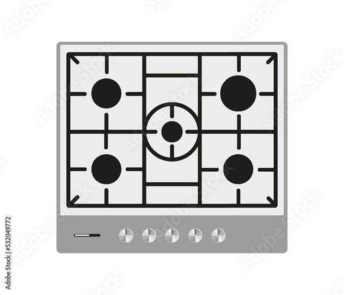 Gas stove surface metal partition 5 burners white flat. Cooktop cooking stainless steel hob electric household equipment large professional surface black grate top view Isolated