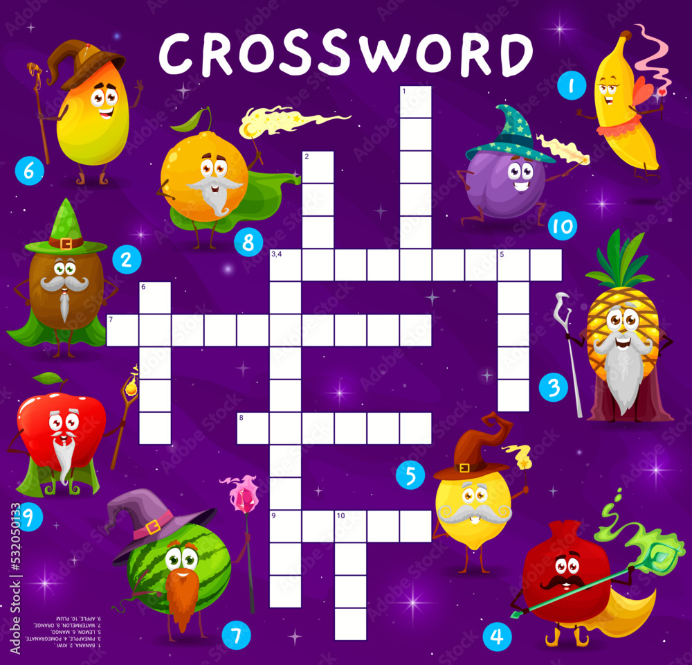 Crossword quiz game grid. Cartoon fruit mage and wizard characters