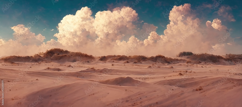Dusty beach dune sandstorm clouds on a windy hot summer day - remote semi desert landscape with beautiful puffy cumulus clouds. Far horizon panoramic pastel stylized digital art.
