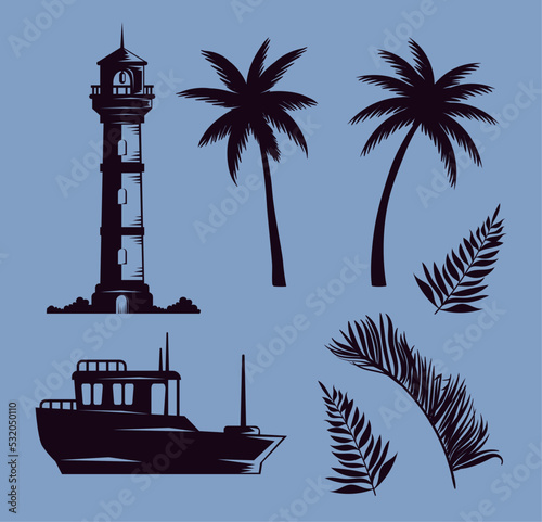 seven seascape silhouettes icons