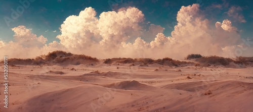 Dusty beach dune sandstorm clouds on a windy hot summer day - remote semi desert landscape with beautiful puffy cumulus clouds. Far horizon panoramic pastel stylized digital art.