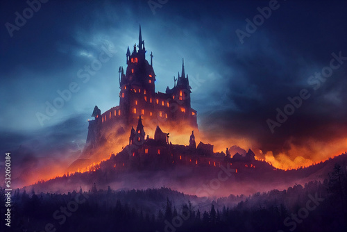 Fotografia Illustration of an evil castle, nighttime with fire