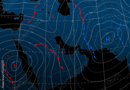 Forecast weather night isobar map of middle east. Wind front, temperature diagram. Vector meteorological topography, cartography generic background with red or blue lines, circles, relief, dark fields