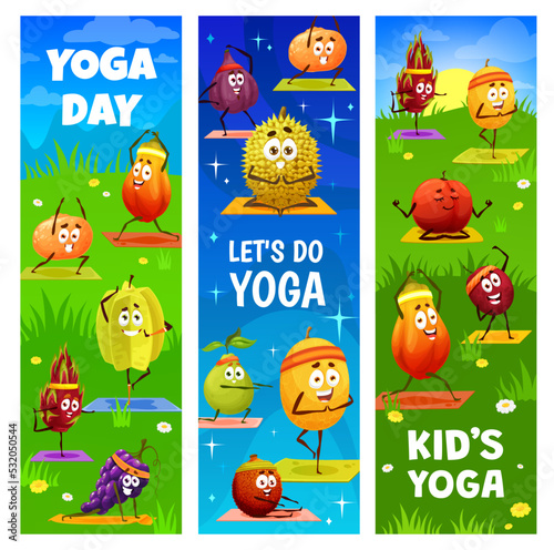 Kids yoga, yoga day and pilates fitness with cartoon tropical fruits characters. Orange, papaya and carambola, dragon fruit, grape and fig, durian, guava and lychee personages doing exercises