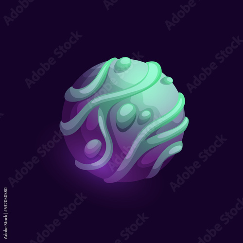 Fantastic cartoon space planet with blue and purple swirls, vector fantasy galaxy world. Alien earth or fantastic planet and galactic star with liquid craters from asteroids, cartoon game UI