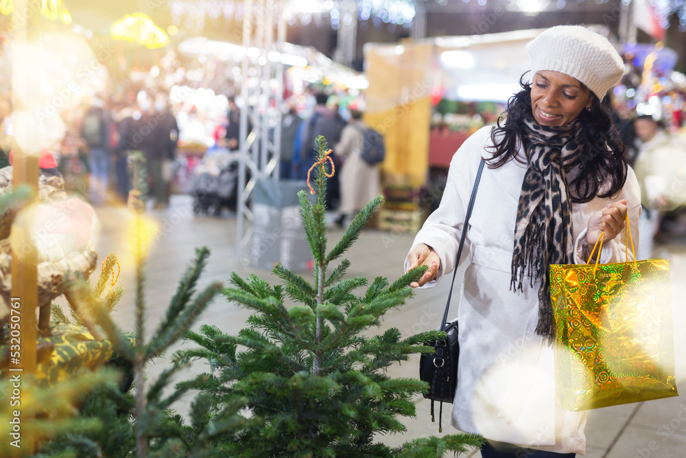 Portrait of cheerful hispanic woman looking for freshly cut Christmas tree on outdoor market..