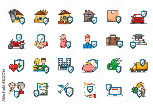 Color insurance outline icons, health safety and business, ambulance and travel, vector shields. Insurance icons for car accident or house disaster and family life, medical care and finances insurance © Vector Tradition