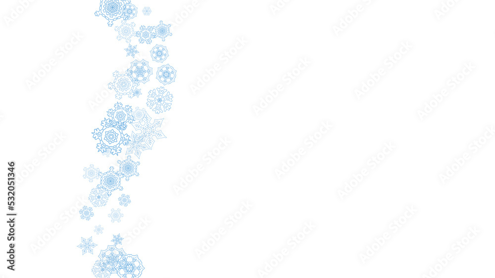 Winter frame with blue snowflakes for Christmas and New Year celebration. Horizontal winter frame on white background  for banners, gift coupons, vouchers, ads, party events. Falling frosty snow.