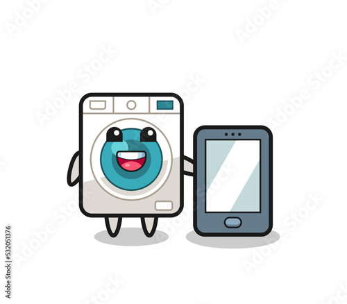 washing machine illustration cartoon holding a smartphone