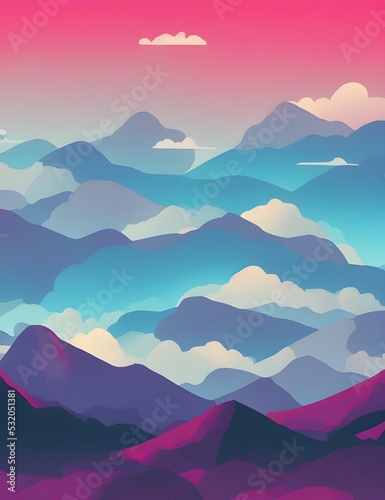 Beautiful aesthetic landscape of towering mountains with a sky full of clouds, magenta color palette