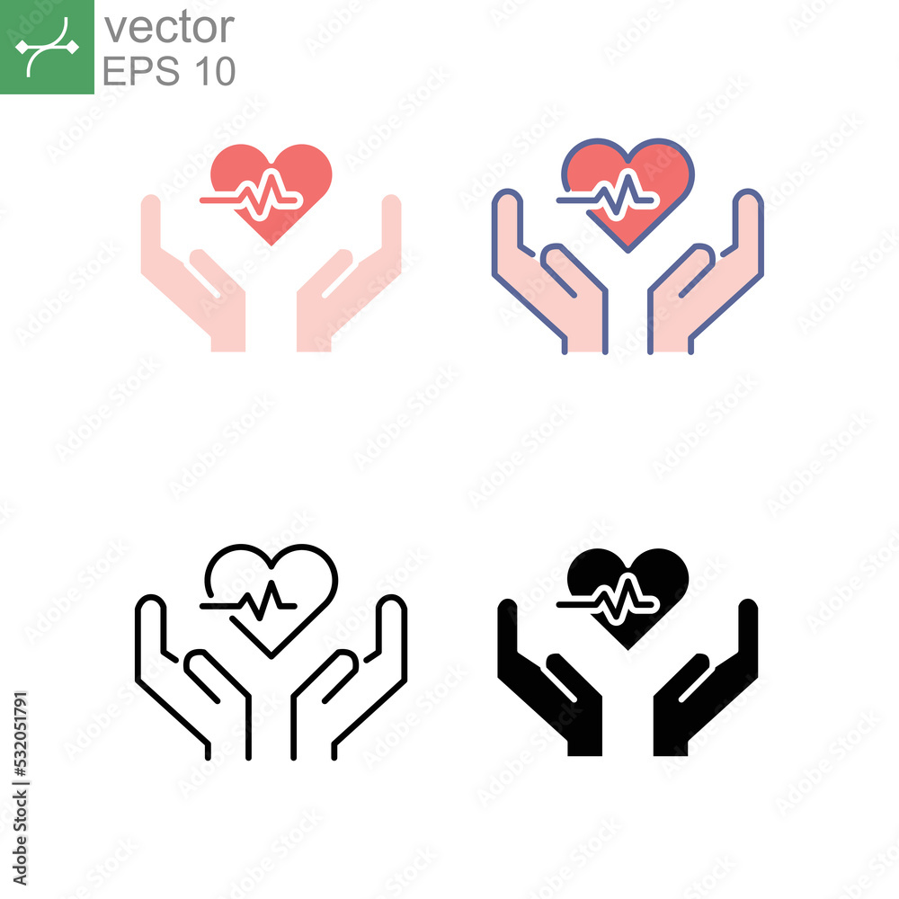 Heart beat rate pulse and hand for save your heart, prevent heart attack in cardiology concept. Two hands holding Beating Heart, cardiogram. Vector illustration. Design on white background. EPS10 Heart beat rate pulse and hand for save your heart, prevent heart attack in cardiology concept. Two hands holding Beating Heart, cardiogram. Vector illustration. Design on white background. EPS10
