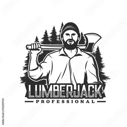 Lumberjack icon. Forestry, logging and timber trade industry monochrome vector emblem, label or icon with bearded lumberman, woodcutter worker character holding axe on shoulder in spruce forest © Vector Tradition