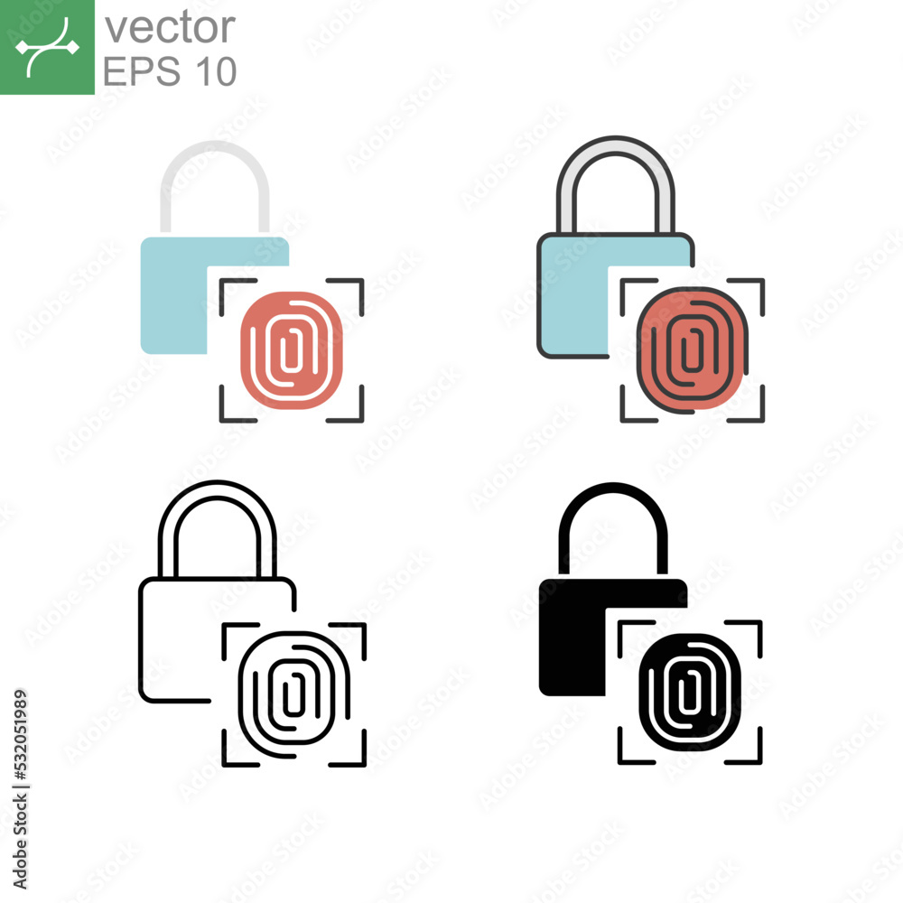 Identification of data protection, thumbprint scan. Cyber security identity verification system, fingerprint padlock. Fingerprint security icon. Vector illustration. Design on white background. EPS10 Identification of data protection, thumbprint scan. Cyber security identity verification system, fingerprint padlock. Fingerprint security icon. Vector illustration. Design on white background. EPS10