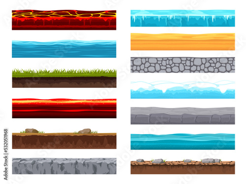Soil ground layer, cartoon game level surface landscape. Vector textures of lava, ice, sea, water pond, paved road, green field, desert sand cross section view. Cartoon textured graphic ui background