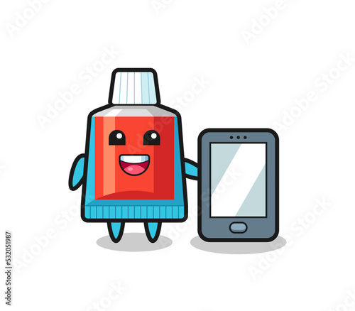 toothpaste illustration cartoon holding a smartphone