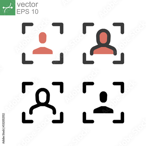 Face id, Facial authentication, face Scan detection. Biometric identification. Facial recognition, cyber security. Face recognition outline icon. Vector illustration. Design, white background EPS10
