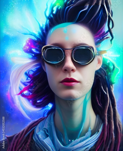  The metaverse girl  cyberpunk hologram  dreads  sunglasses  jewelry  android  cyborg  cyberpunk face. fantasy. 3d illustration
