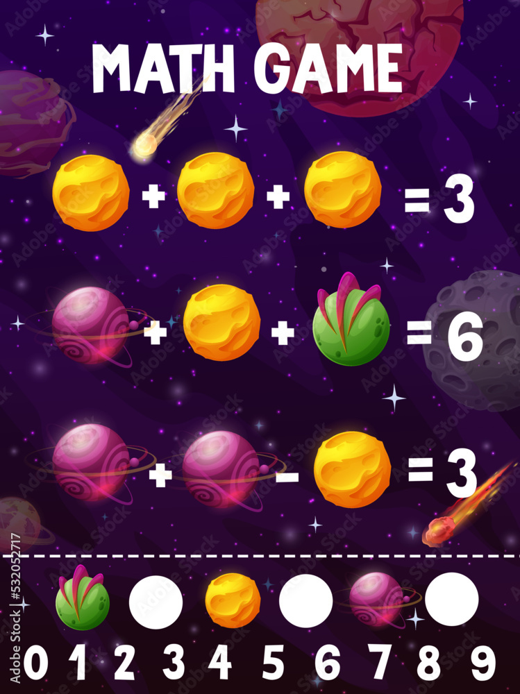 Fototapeta premium Math game kids quiz worksheet. Fantastic galaxy cartoon space planets, stars and comets. Addition and subtraction math puzzle or kids mathematical vector riddle with fantastic planets and asteroids