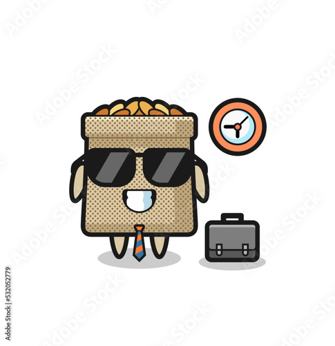 Cartoon mascot of wheat sack as a businessman