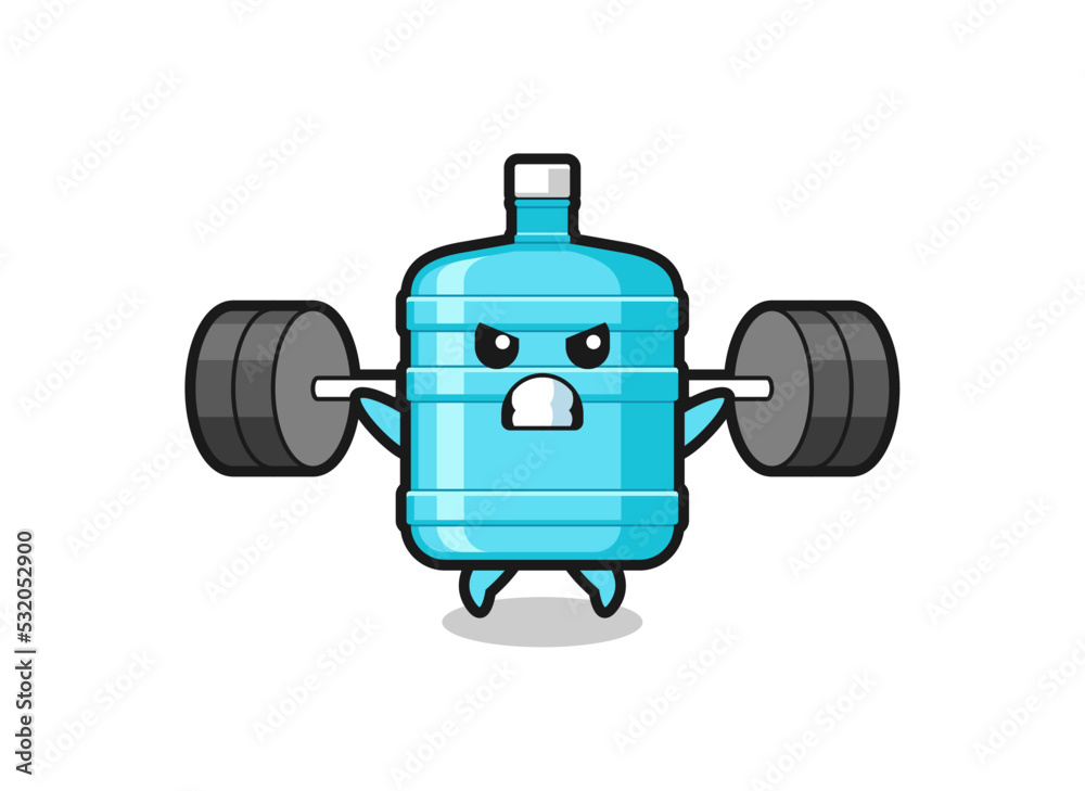 gallon water bottle mascot cartoon with a barbell