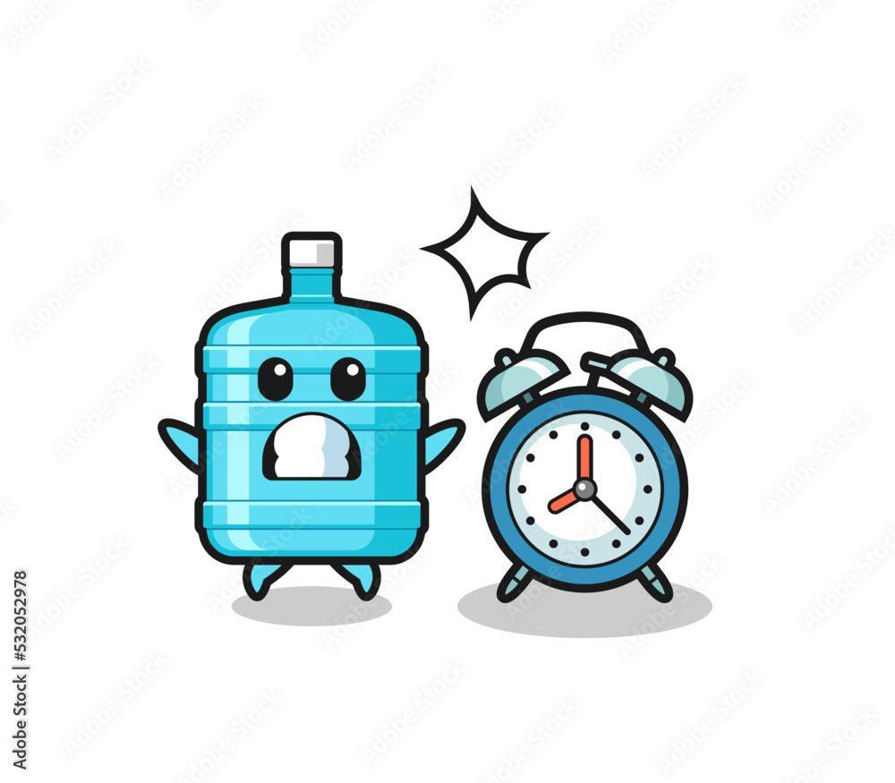 Φωτογραφία Cartoon Illustration of gallon water bottle is surprised with a giant alarm cloc