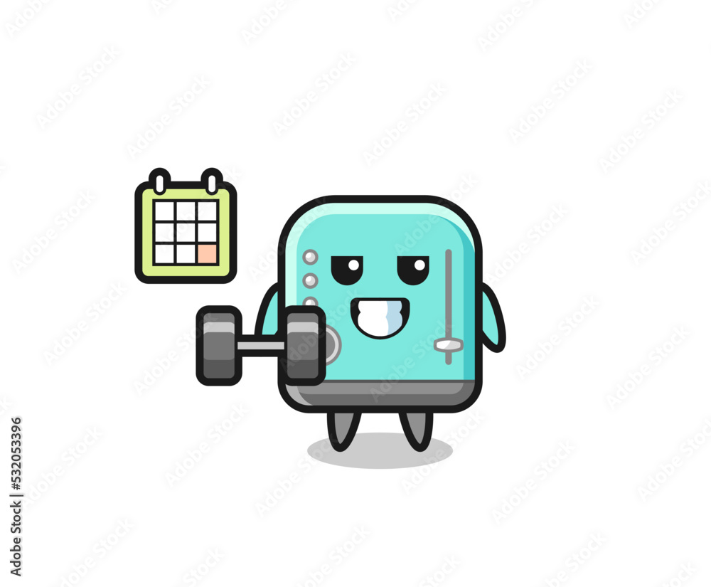 toaster mascot cartoon doing fitness with dumbbell
