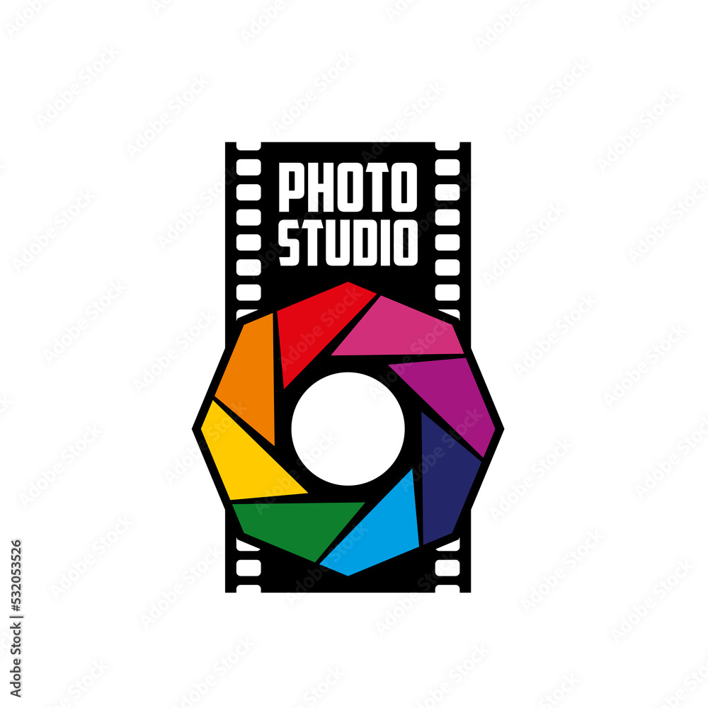 Photo studio icon with camera diaphragm of rainbow colors and black film strip. Photography studio, photo center or photographer workshop isolated symbol with photographer optical equipment Photo studio icon with camera diaphragm of rainbow colors and black film strip. Photography studio, photo center or photographer workshop isolated symbol with photographer optical equipment