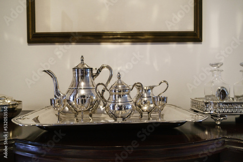 antique silver set tea pot and cup silverware