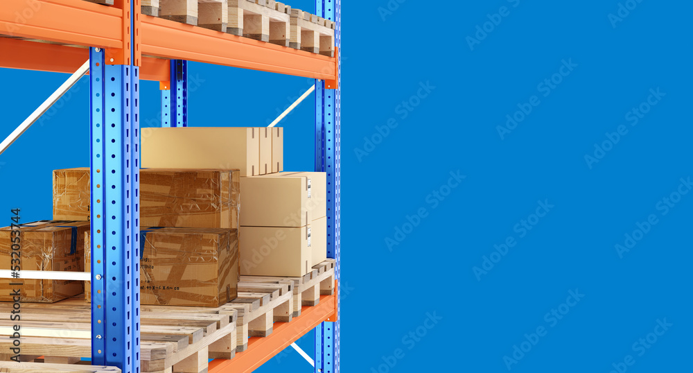 Warehouse space. Shelving with pallets and carton boxes. Multitiered racks for warehouse