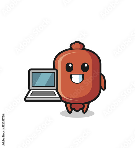 Mascot Illustration of sausage with a laptop