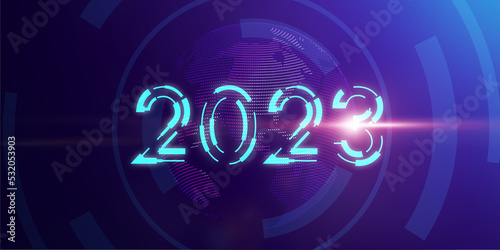 2023 new year digital world technology concept, growth economy business innovation development future technology connection, earth vector graphic text banner illustration technology purple background