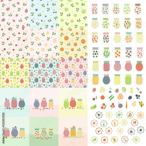 Fruits and berries jam  juice and pickles in glass jars icons set  stickers and seamless patterns  grocery flat vector collection