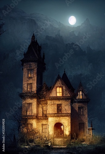 Mystical and spooky castle in the dark and in the fog. An ancient historical castle. 3D rendering. photo