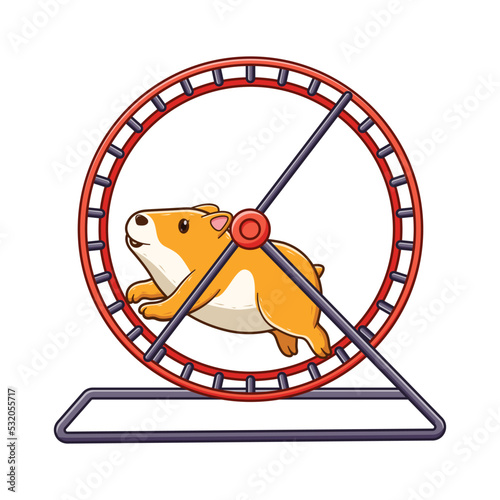 Cute Hamster Running On The Whells Cartoon, Animal Icon Concept. Flat Cartoon Style. Suitable for Web Landing Page, Banner, Flyer, Sticker, Card photo