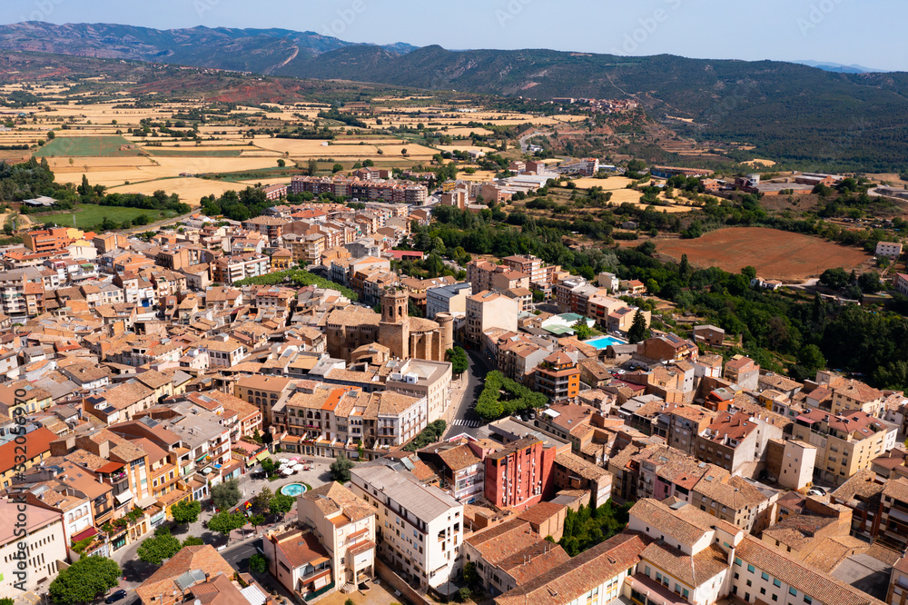 Drone photo of Spanish town in Pallars Jussa comarca, Tremp.