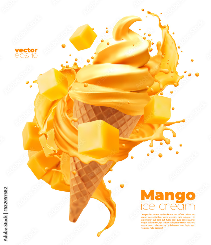 Isolated mango soft ice cream cone with splash. Vector realistic yellow