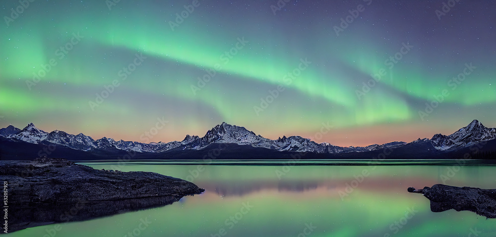Aurora Starry Night. Sky of Mountain North Pole Lake. Fantasy Backdrop Concept Art Realistic Illustration. Video Game Background Digital Painting CG Artwork Scenery Artwork Serious Book Illustration
