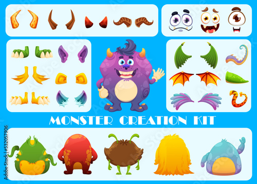 Monster creation kit. Cartoon monster character constructor. Vector faces, arms, legs, ears and wings, tails, horns and bodies set to construct funny alien cute or comic Halloween creature personage