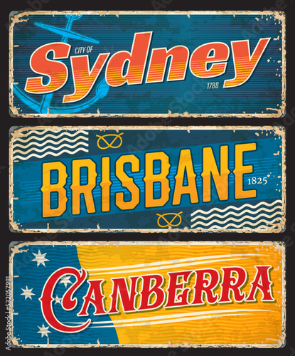 Sydney, Brisbane, Canberra, Australian city travel plates and luggage tags, vector stickers. Australia tin signs with capital flag, city landmark or emblems, travel plates and grunge signs