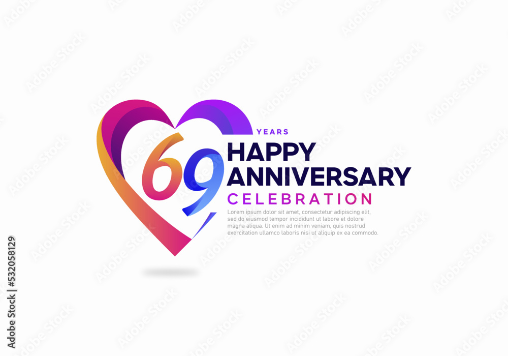 69 years anniversary celebration icon logo colorful with love shape